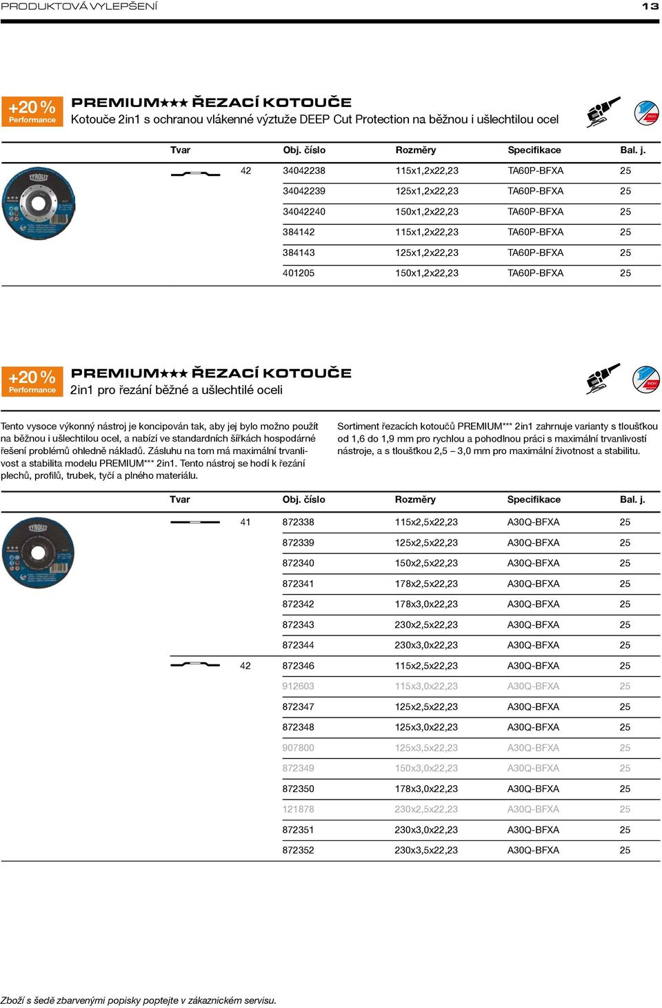 150x1,2x22,23 TA60P-BFXA 25 +20 % Performance PREMIUM ŘEZACÍ KOTOUČE 2in1 pro řezání běžné a ušlechtilé oceli Tento vysoce výkonný nástroj je koncipován tak, aby jej bylo možno použít na běžnou i