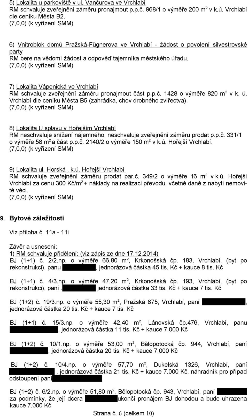 7) Lokalita Vápenická ve Vrchlabí RM schvaluje zveřejnění záměru pronajmout část p.p.č. 1428 o výměře 820 m 2 v k. ú. Vrchlabí dle ceníku Města B5 (zahrádka, chov drobného zvířectva).