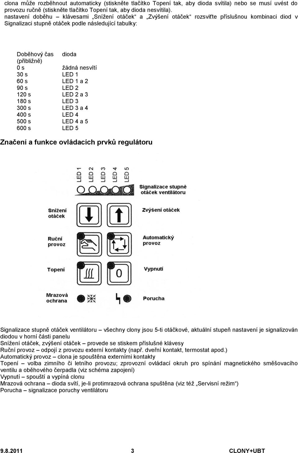 30 s LED 1 60 s LED 1 a 2 90 s LED 2 120 s LED 2 a 3 180 s LED 3 300 s LED 3 a 4 400 s LED 4 500 s LED 4 a 5 600 s LED 5 Značení a funkce ovládacích prvků regulátoru Signalizace stupně otáček