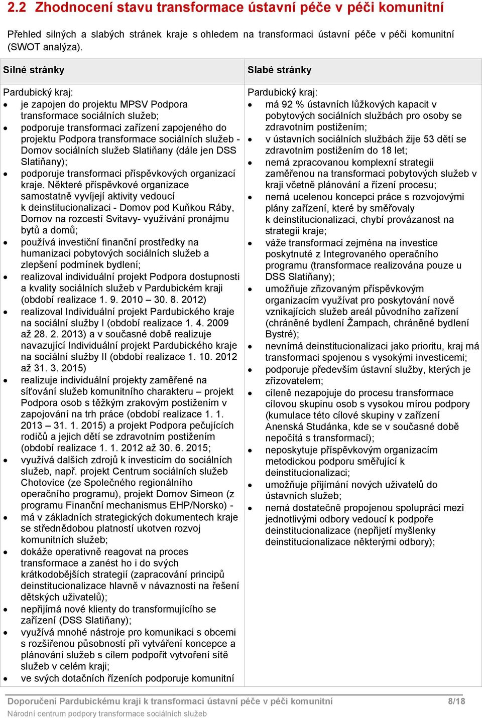 Slatiňany (dále jen DSS Slatiňany); pdpruje transfrmaci příspěvkvých rganizací kraje.