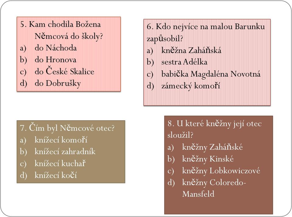 a) kněžna Zaháňská b) sestra Adélka c) babička Magdaléna Novotná d) zámecký komoří 7. Čím byl Němcové otec?