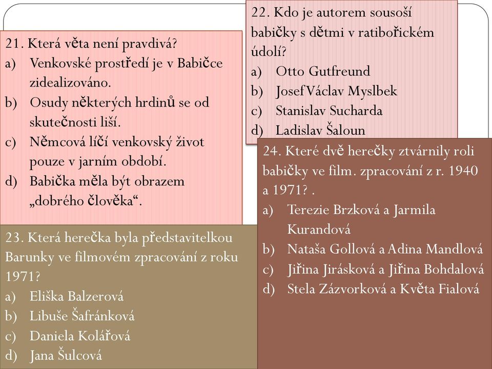 a) Eliška Balzerová b) Libuše Šafránková c) Daniela Kolářová d) Jana Šulcová 22. Kdo je autorem sousoší babičky s dětmi v ratibořickém údolí?