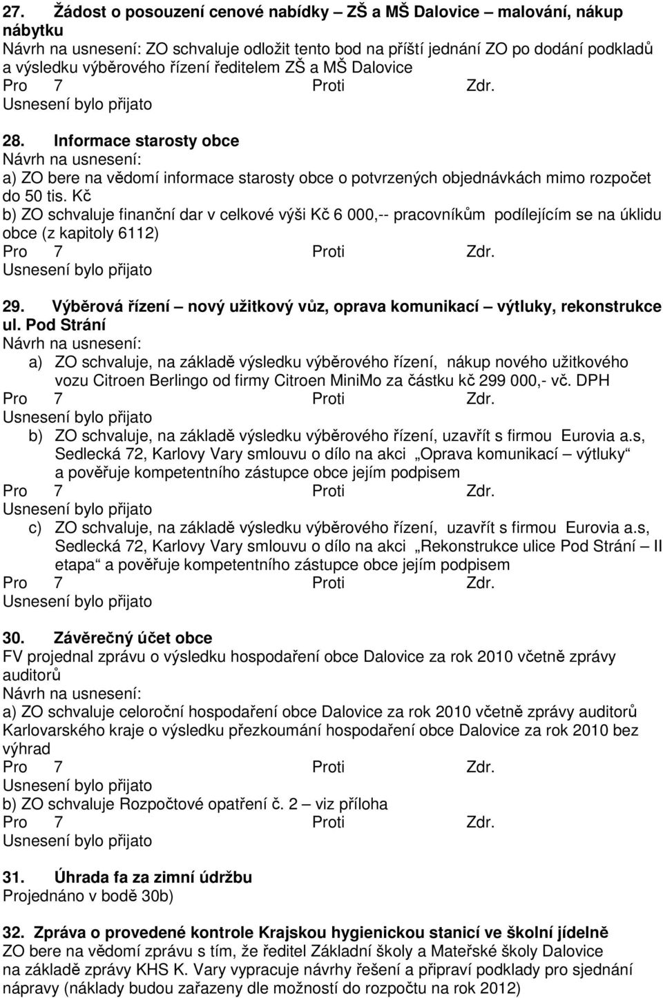 Kč b) ZO schvaluje finanční dar v celkové výši Kč 6 000,-- pracovníkům podílejícím se na úklidu obce (z kapitoly 6112) 29.