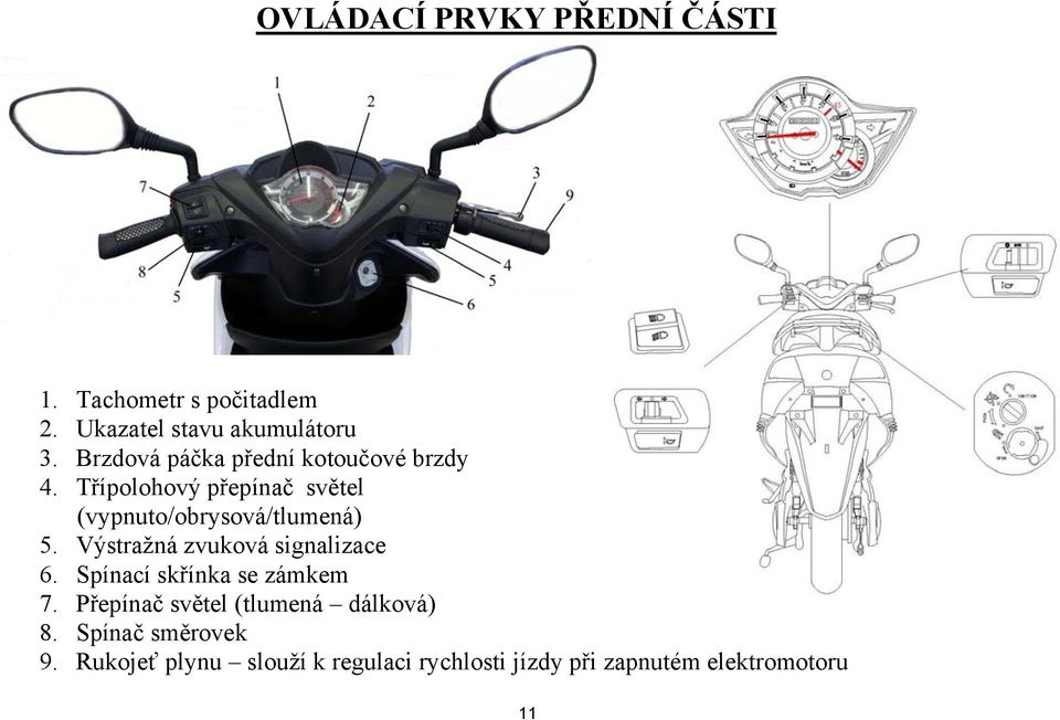 Třípolohový přepínač světel (vypnuto/obrysová/tlumená) 5. Výstražná zvuková signalizace 6.