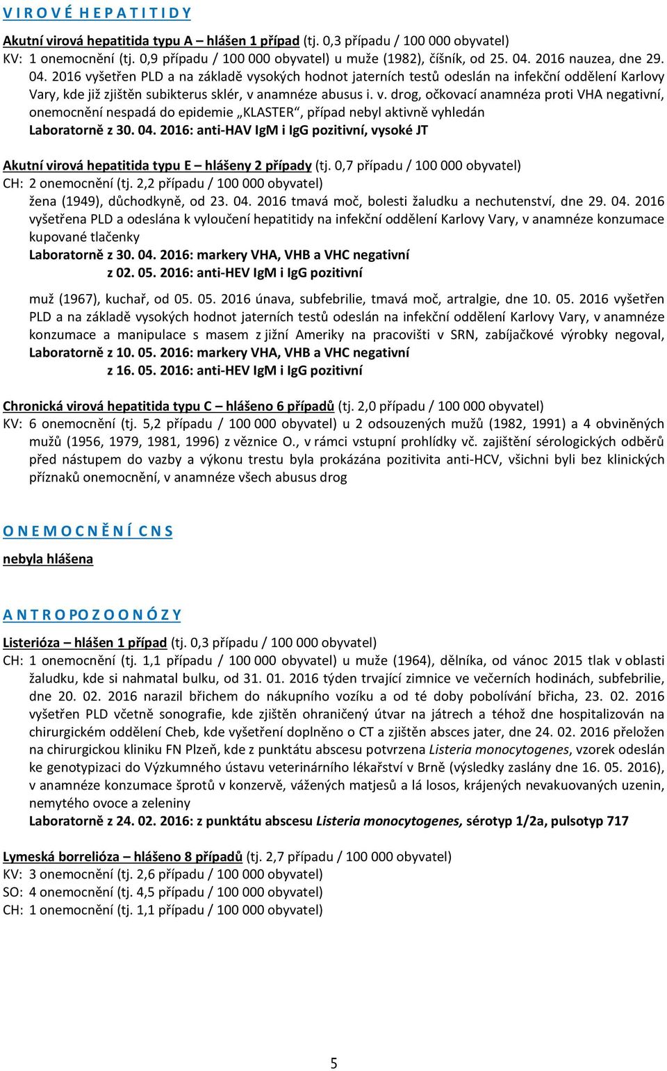 04. 2016: anti-hav IgM i IgG pozitivní, vysoké JT Akutní virová hepatitida typu E hlášeny 2 případy (tj. 0,7 případu / 100 000 obyvatel) CH: 2 onemocnění (tj.