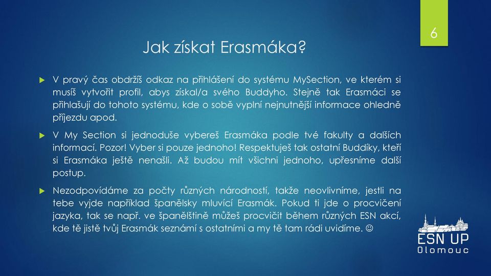 Pozor! Vyber si pouze jednoho! Respektuješ tak ostatní Buddíky, kteří si Erasmáka ještě nenašli. Až budou mít všichni jednoho, upřesníme další postup.