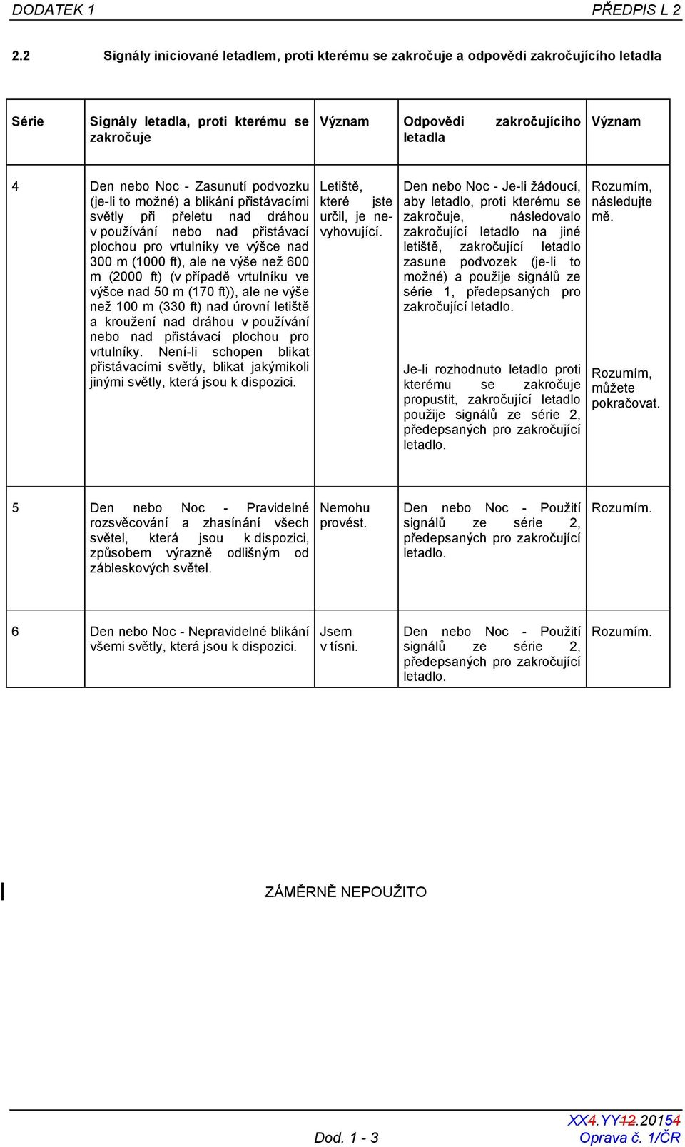 Noc - Zasunutí podvozku (je-li to možné) a blikání přistávacími světly při přeletu nad dráhou v používání nebo nad přistávací plochou pro vrtulníky ve výšce nad 300 m (1000 ft), ale ne výše než 600 m