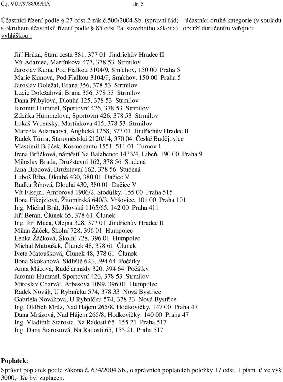 150 00 Praha 5 Marie Kunová, Pod Fialkou 3104/9, Smíchov, 150 00 Praha 5 Jaroslav Doležal, Brana 356, 378 53 Strmilov Lucie Doležalová, Brana 356, 378 53 Strmilov Dana Pibylová, Dlouhá 125, 378 53