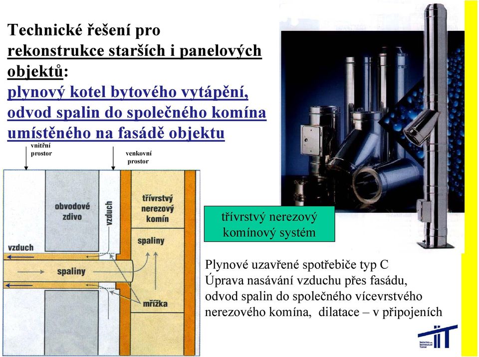 venkovní prostor třívrstvý nerezový komínový systém Plynové uzavřené spotřebiče typ C Úprava