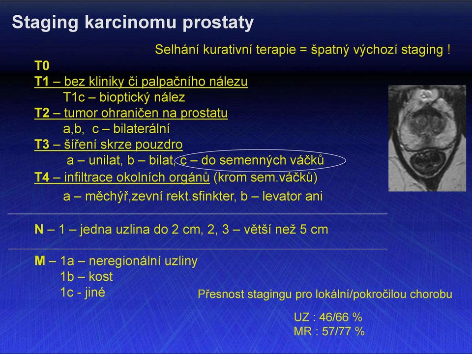 pouzdro a unilat, b bilat, c do semenných váčků T4 infiltrace okolních orgánů (krom sem.váčků) a měchýř,zevní rekt.