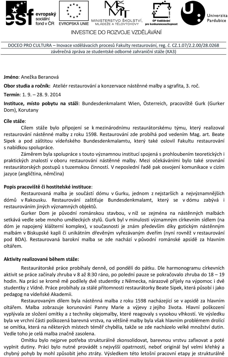 2014 Instituce, místo pobytu na stáži: Bundesdenkmalamt Wien, Österreich, pracoviště Gurk (Gurker Dom), Korutany Cíle stáže: Cílem stáže bylo připojení se k mezinárodnímu restaurátorskému týmu, který