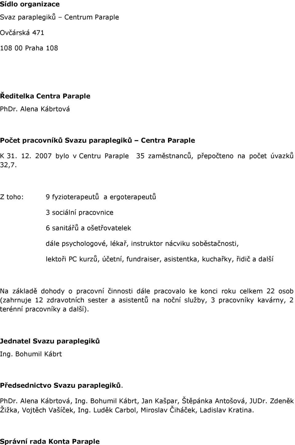 35 zaměstnanců, přepočteno na počet úvazků Z toho: 9 fyzioterapeutů a ergoterapeutů 3 sociální pracovnice 6 sanitářů a ošetřovatelek dále psychologové, lékař, instruktor nácviku soběstačnosti,