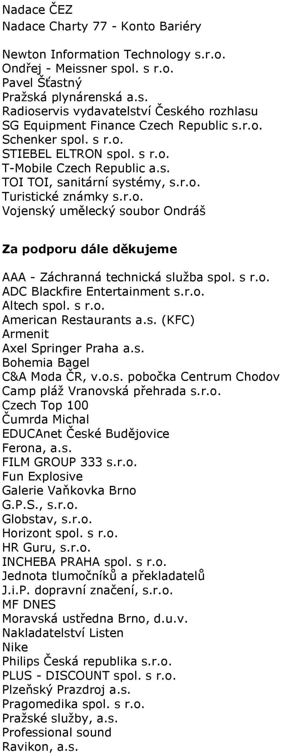 s r.o. ADC Blackfire Entertainment s.r.o. Altech spol. s r.o. American Restaurants a.s. (KFC) Armenit Axel Springer Praha a.s. Bohemia Bagel C&A Moda ČR, v.o.s. pobočka Centrum Chodov Camp pláţ Vranovská přehrada s.