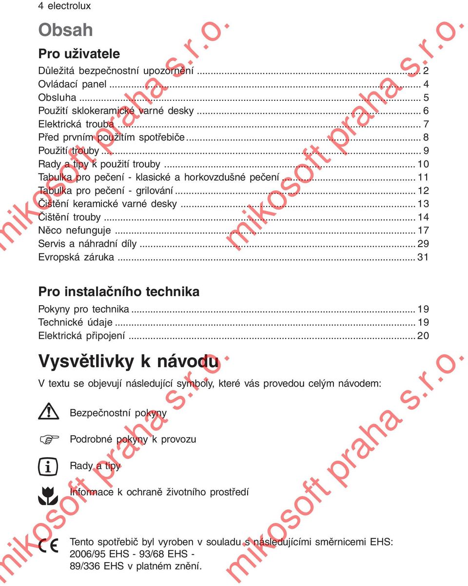 .. 13 Čištění trouby...14 Něco nefunguje... 17 Servis a náhradní díly... 29 Evropská záruka... 31 Pro instalačního technika Pokyny pro technika... 19 Technické údaje... 19 Elektrická připojení.