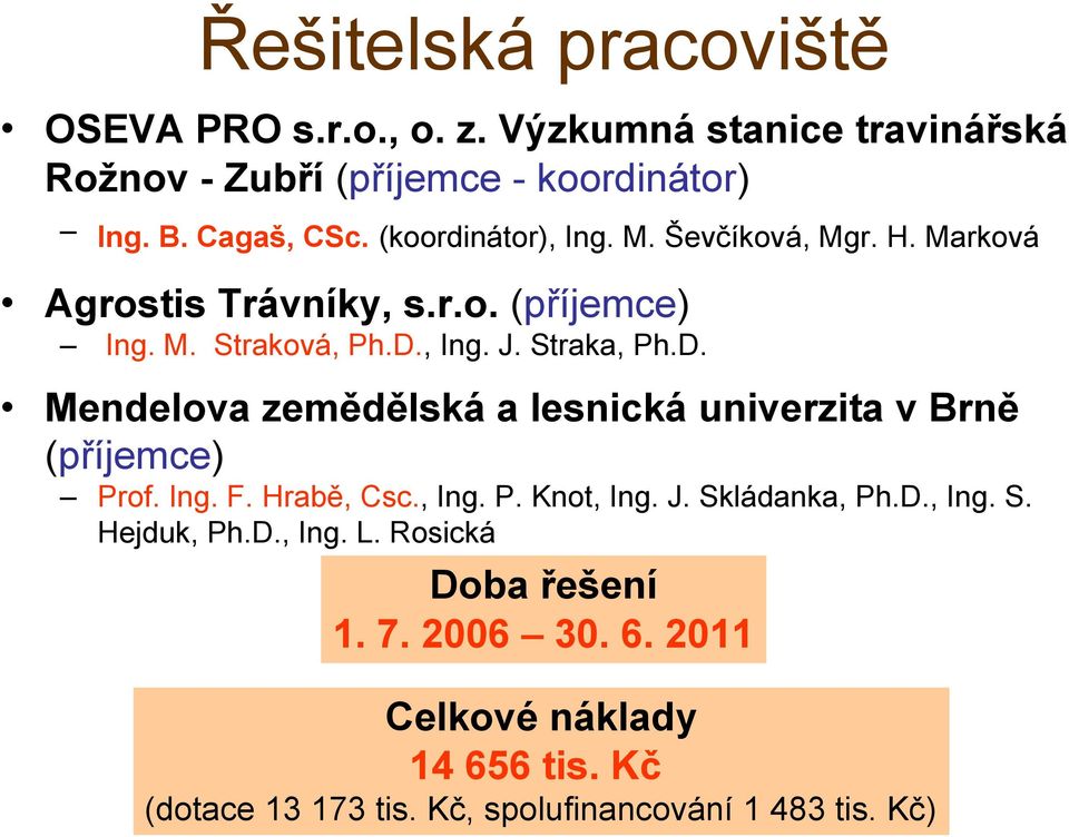 , Ing. J. Straka, Ph.D. Mendelova zemědělská a lesnická univerzita v Brně (příjemce) Prof. Ing. F. Hrabě, Csc., Ing. P. Knot, Ing. J. Skládanka, Ph.