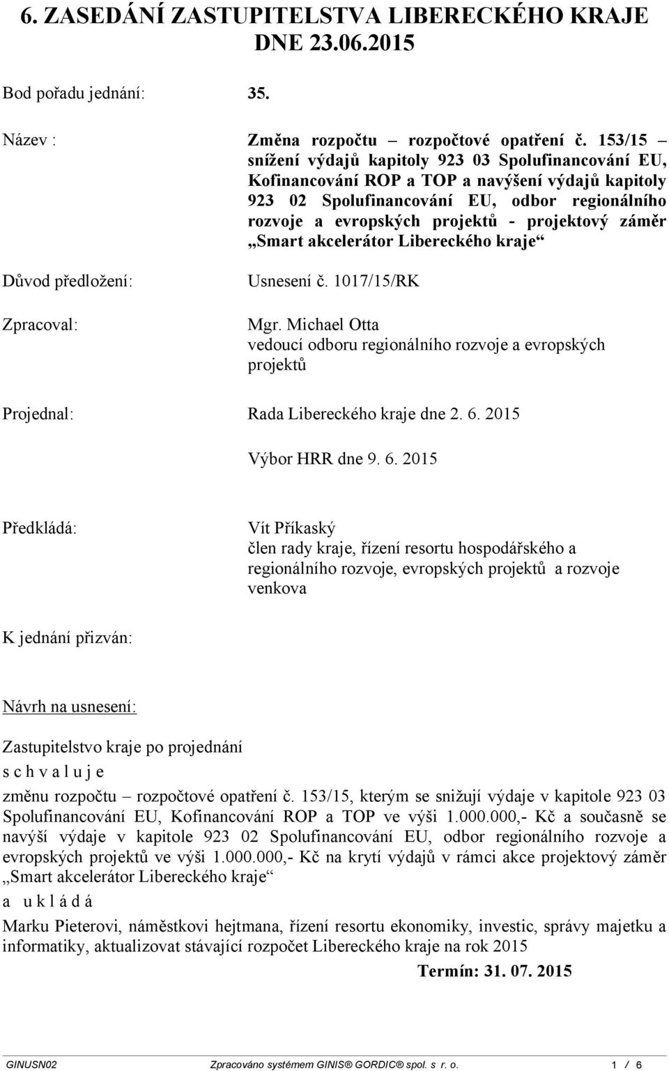 záměr Smart akcelerátor Libereckého kraje Důvod předložení: Zpracoval: Usnesení č. 1017/15/RK Mgr.