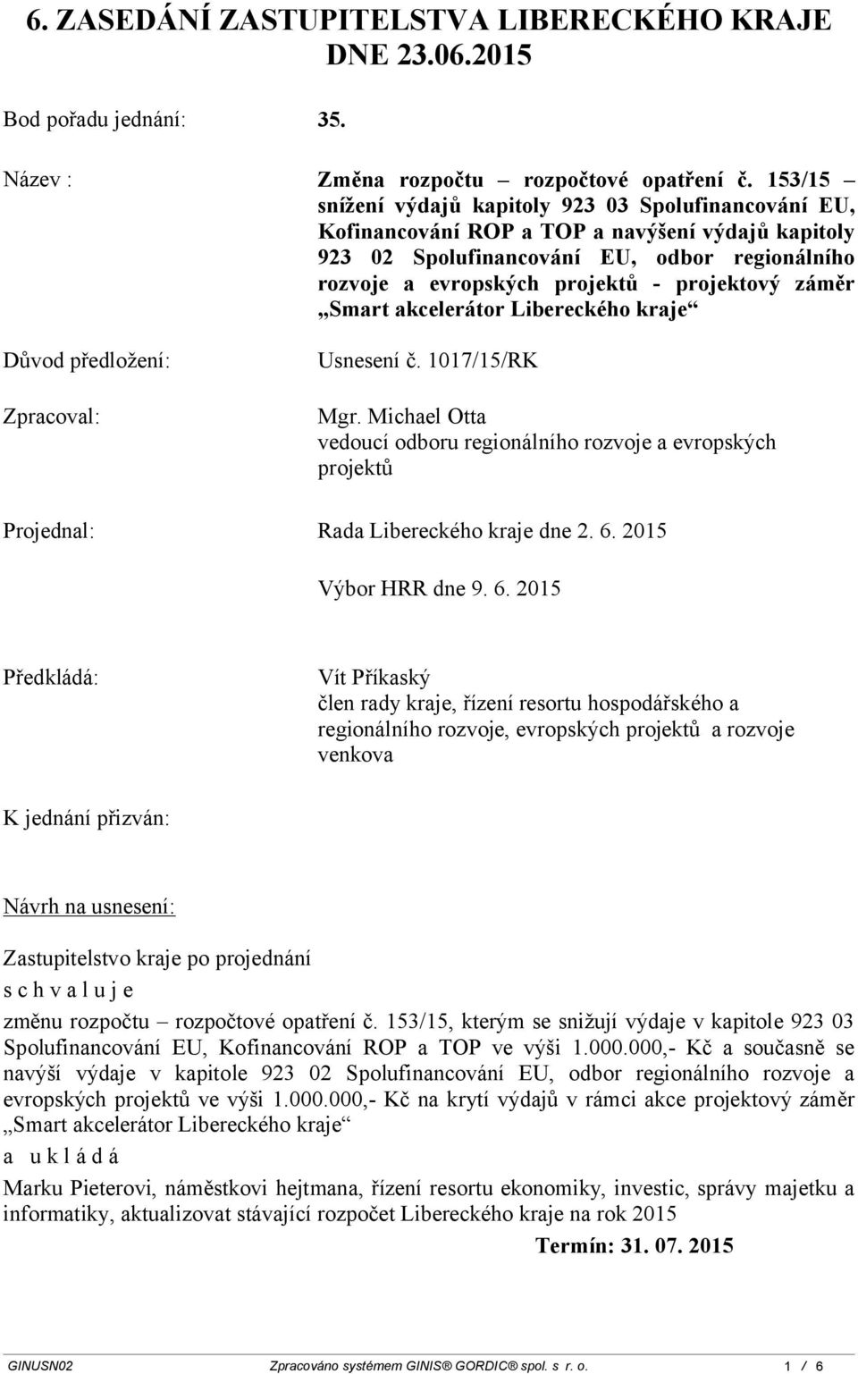 záměr Smart akcelerátor Libereckého kraje Důvod předložení: Zpracoval: Usnesení č. 1017/15/RK Mgr.