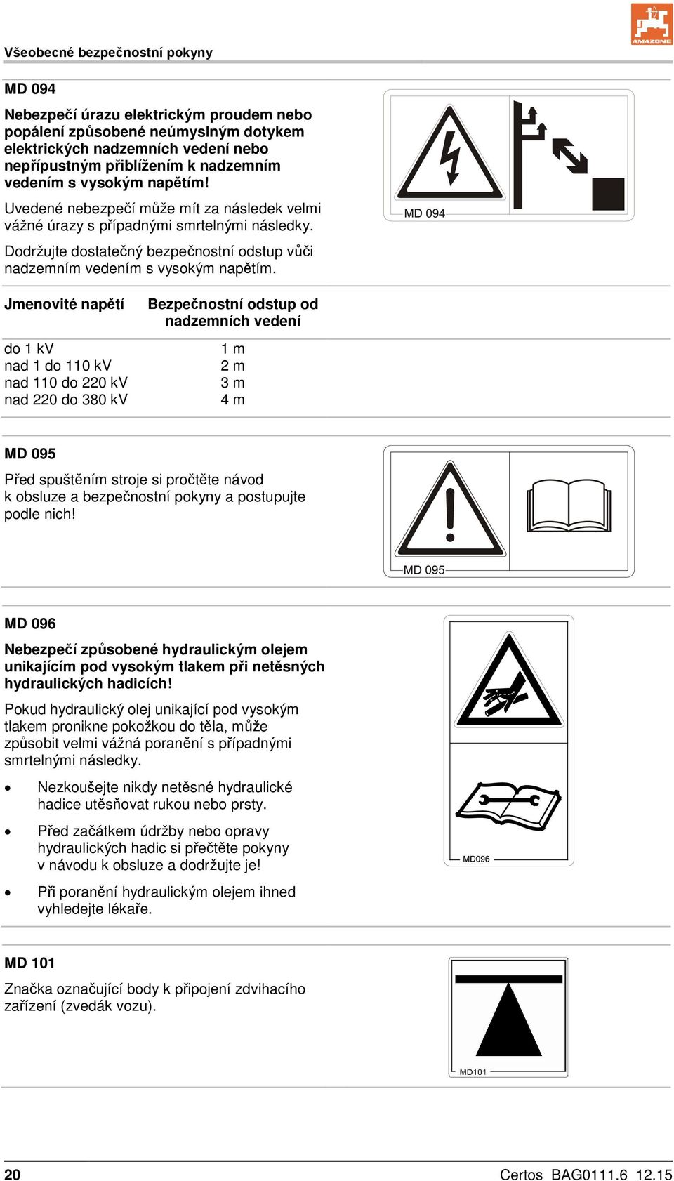 Jmenovité napětí do 1 kv nad 1 do 110 kv nad 110 do 220 kv nad 220 do 380 kv Bezpečnostní odstup od nadzemních vedení 1 m 2 m 3 m 4 m MD 095 Před spuštěním stroje si pročtěte návod k obsluze a