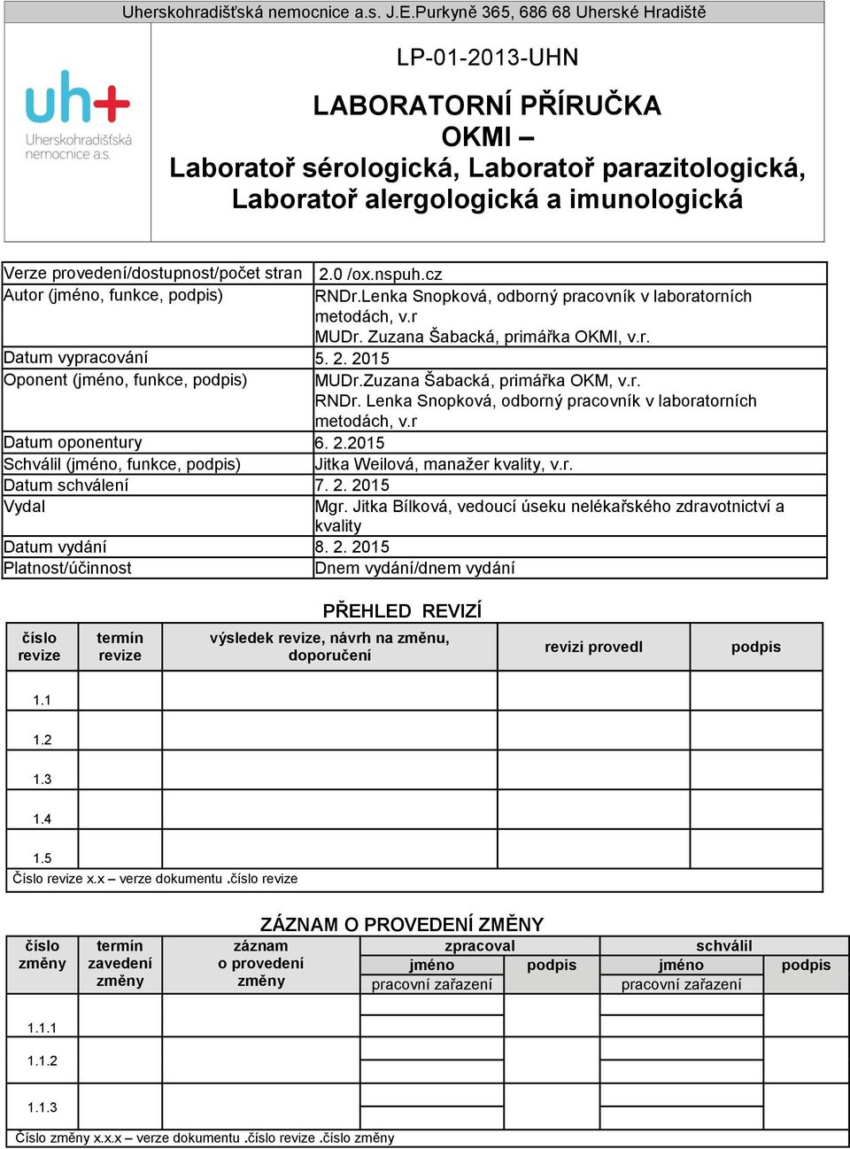 stran 2.0 /ox.nspuh.cz Autor (jméno, funkce, podpis) RNDr.Lenka Snopková, odborný pracovník v laboratorních metodách, v.r MUDr. Zuzana Šabacká, primářka OKMI, v.r. Datum vypracování 5. 2. 2015 Oponent (jméno, funkce, podpis) MUDr.