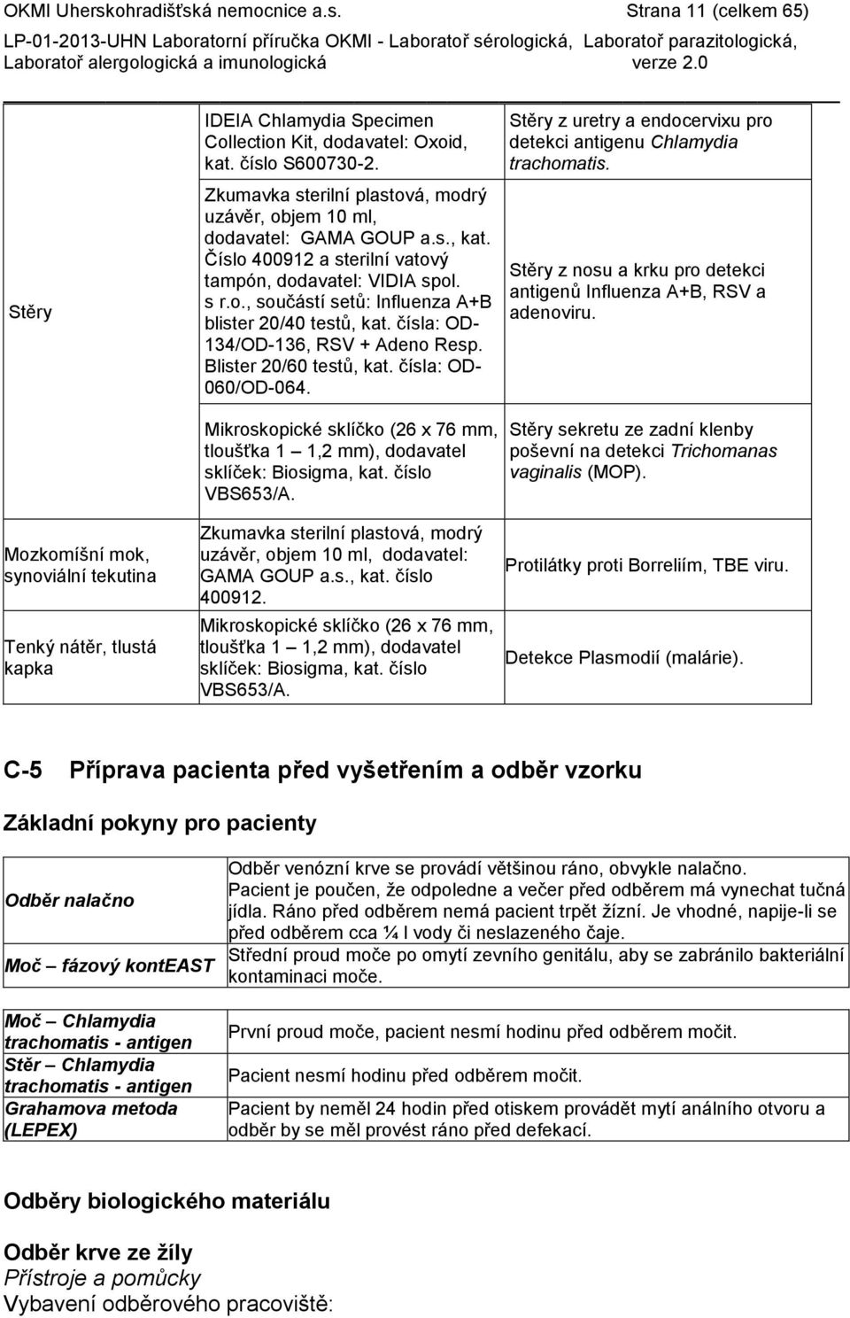 čísla: OD- 134/OD-136, RSV + Adeno Resp. Blister 20/60 testů, kat. čísla: OD- 060/OD-064. Stěry z uretry a endocervixu pro detekci antigenu Chlamydia trachomatis.