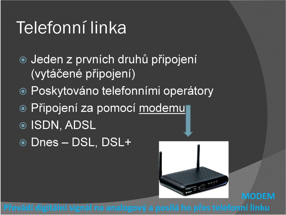 pomocí modemu ISDN, ADSL Dnes DSL, DSL+ MODEM Převádí