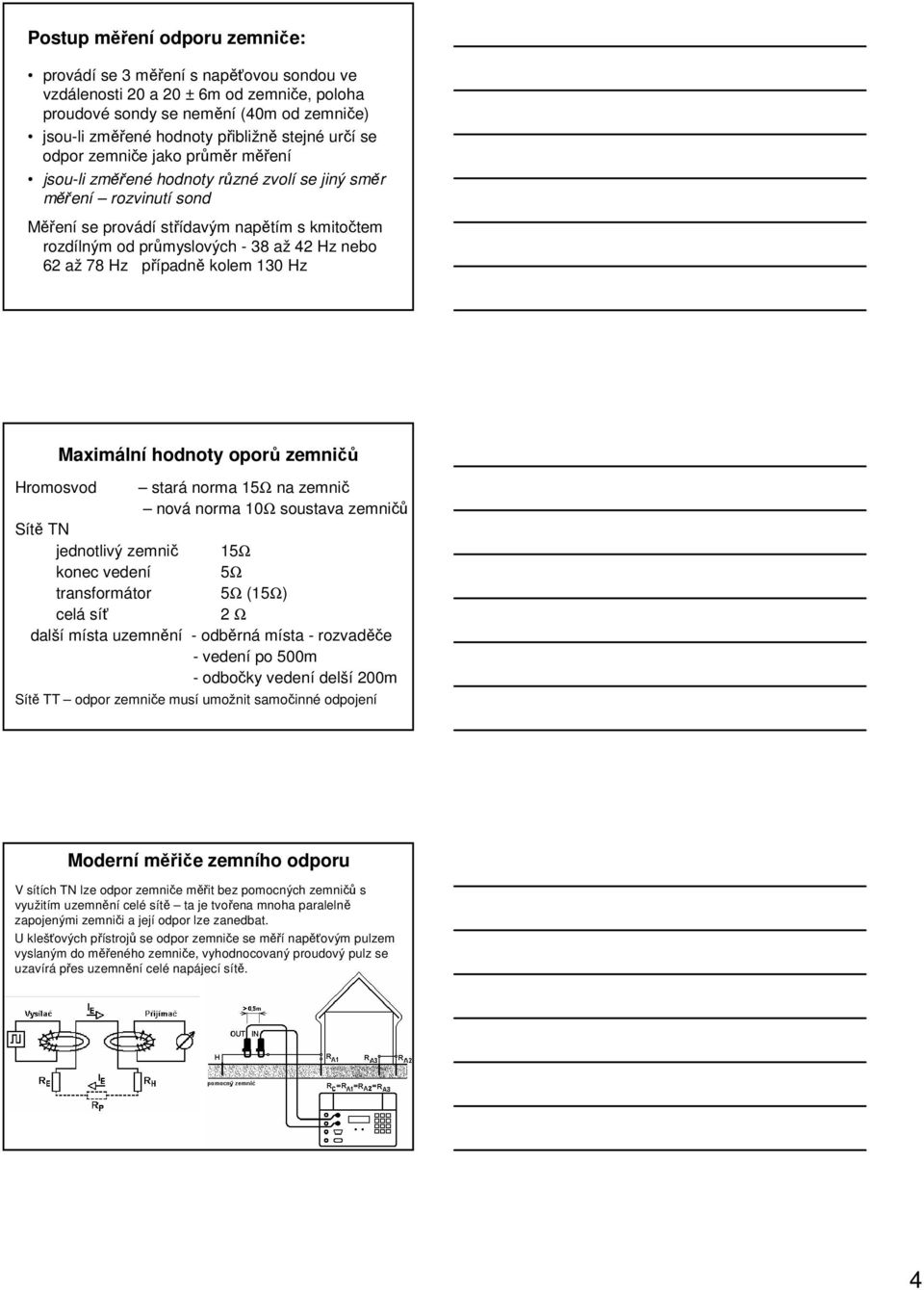nebo 62 až 78 Hz případně kolem 130 Hz Maximální hodnoty oporů zemničů Hromosvod stará norma 15Ω na zemnič nová norma 10Ω soustava zemničů Sítě TN jednotlivý zemnič 15Ω konec vedení 5Ω transformátor