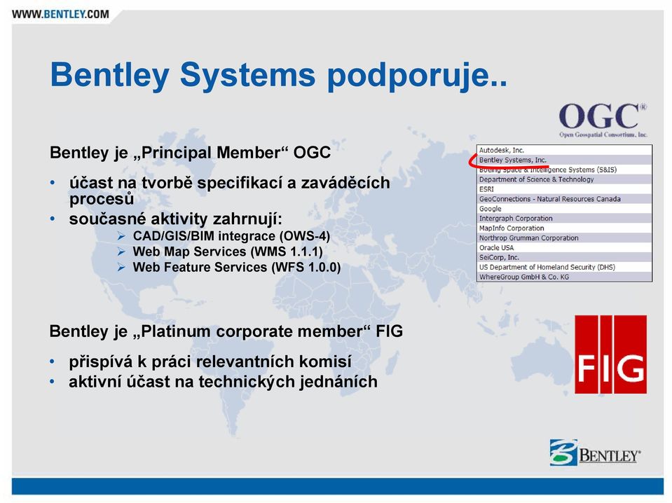 současné aktivity zahrnují: CAD/GIS/BIM integrace (OWS-4) Web Map Services (WMS 1.