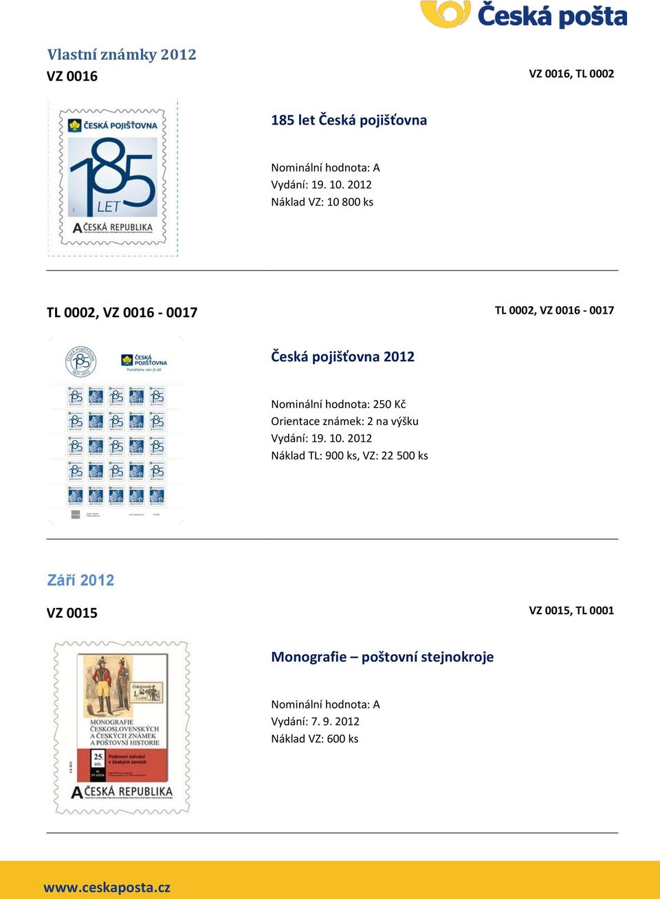 pojišťovna 2012 Nominální hodnota: 250 Kč Orientace známek: 2 na výšku Vydání: 19.