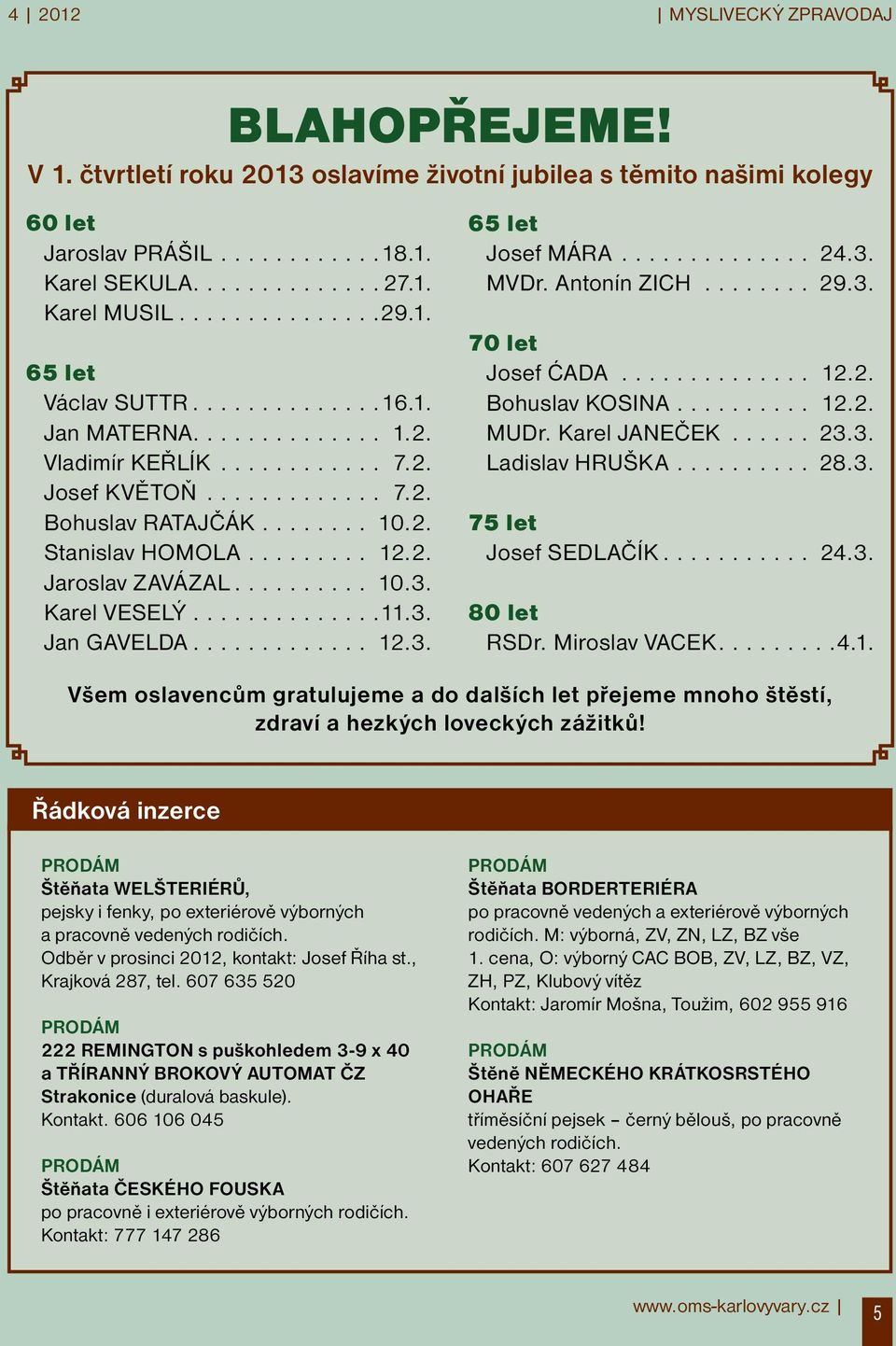 .. 24.3. MVDr. Antonín ZICH... 29.3. 70 let Josef ĆADA... 12.2. Bohuslav KOSINA... 12.2. MUDr. Karel JANEČEK... 23.3. Ladislav HRUŠKA... 28.3. 75 let Josef SEDLAČÍK... 24.3. 80 let RSDr.