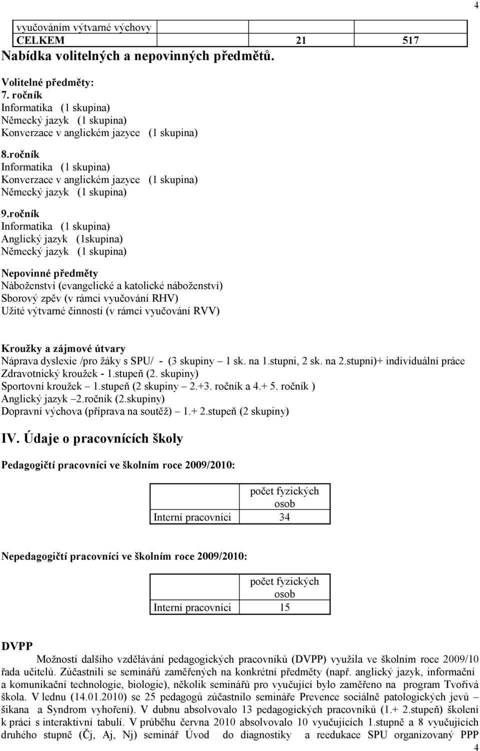 ročník Informatika (1 skupina) Konverzace v anglickém jazyce (1 skupina) Německý jazyk (1 skupina) 9.