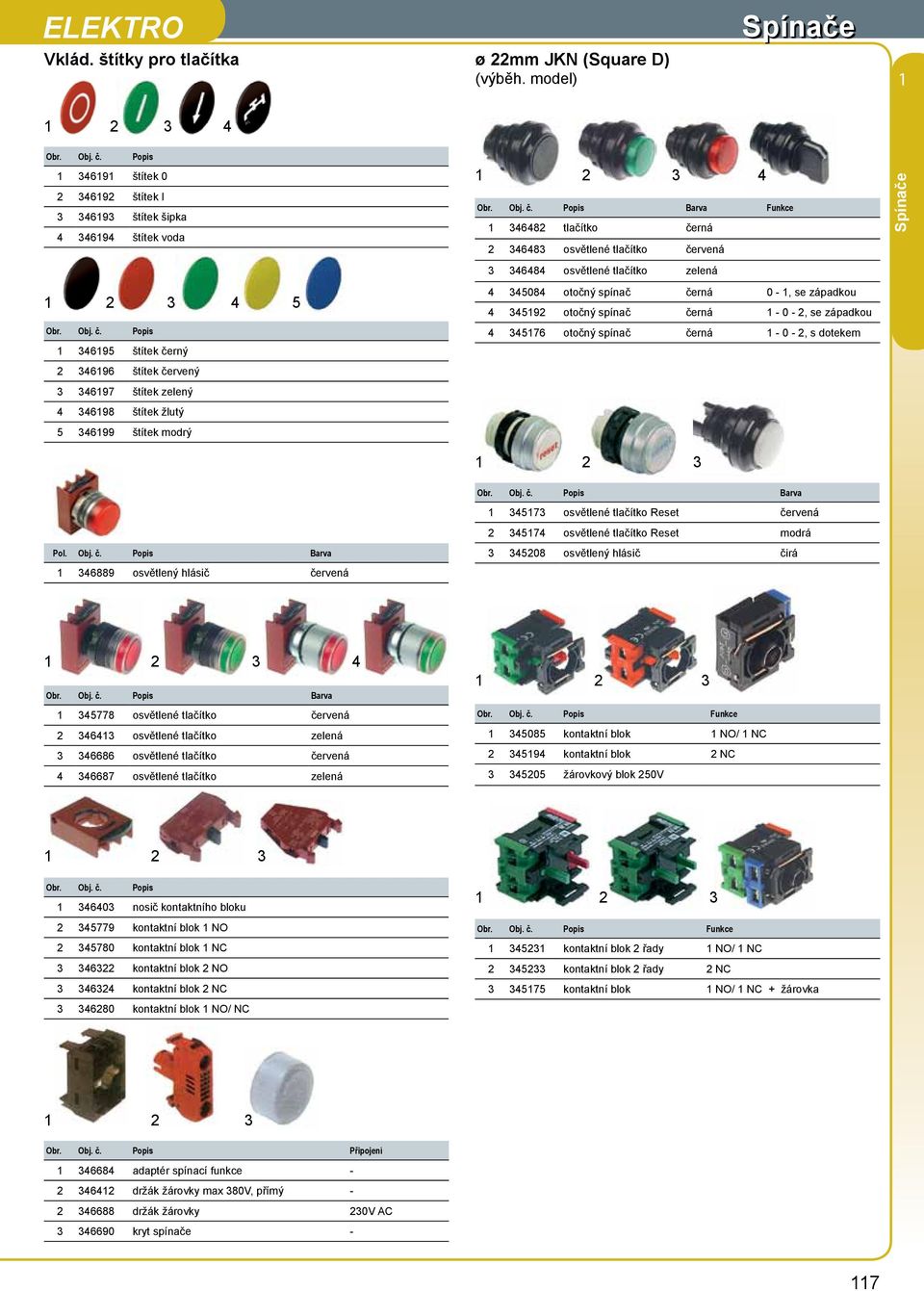 Popis Barva Funkce 68 tlačítko černá 68 osvětlené tlačítko červená 68 osvětlené tlačítko zelená 5 58 otočný spínač černá -, se západkou 59 otočný spínač černá - -, se západkou Obr. Obj. č. Popis 695 štítek černý 576 otočný spínač černá - -, s dotekem 696 štítek červený 697 štítek zelený 698 štítek žlutý 5 699 štítek modrý Obr.