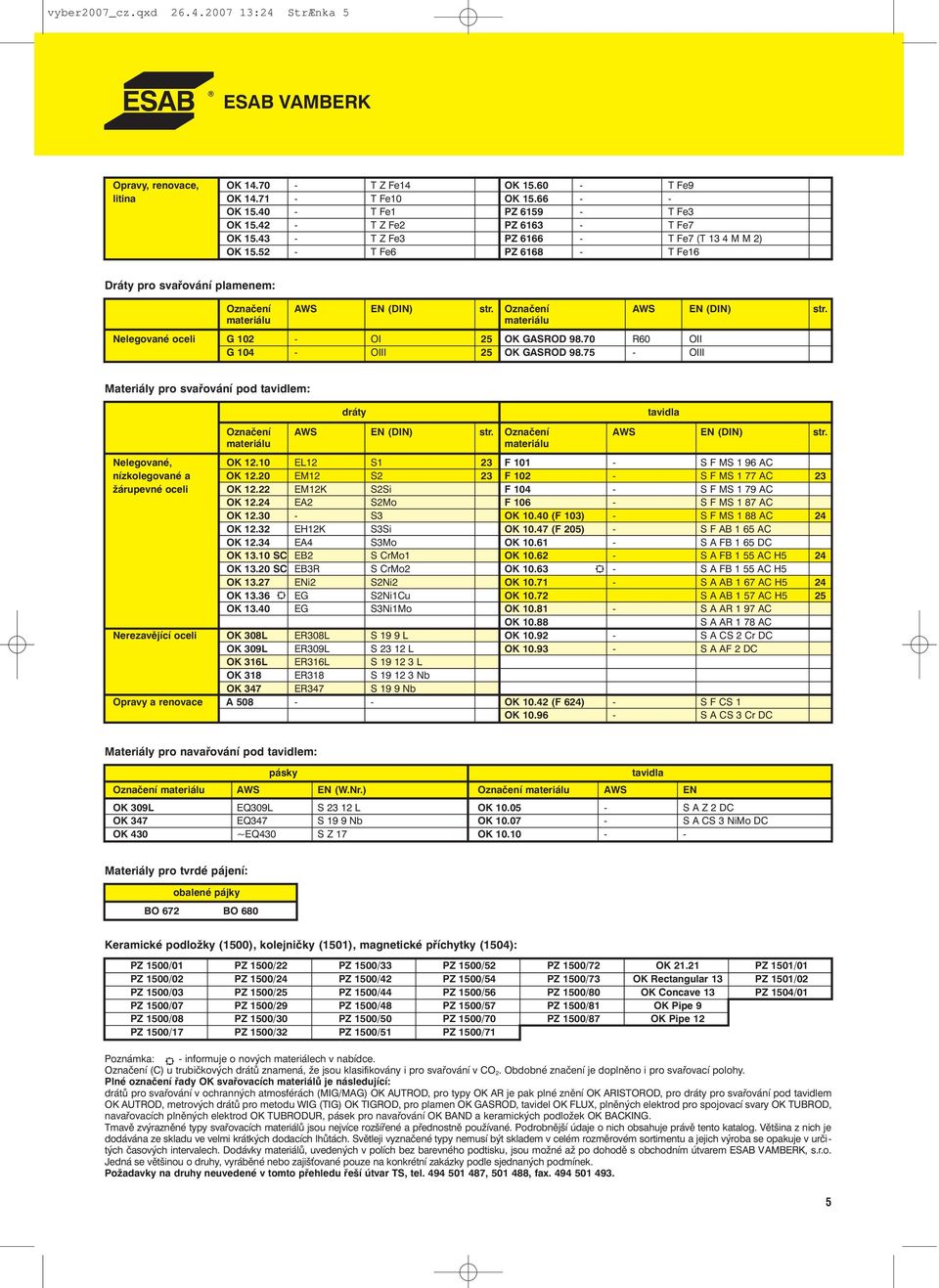 Označení AWS EN (DIN) str. materiálu materiálu Nelegované oceli G 102 - OI 25 OK GASROD 98.70 R60 OII G 104 - OIII 25 OK GASROD 98.