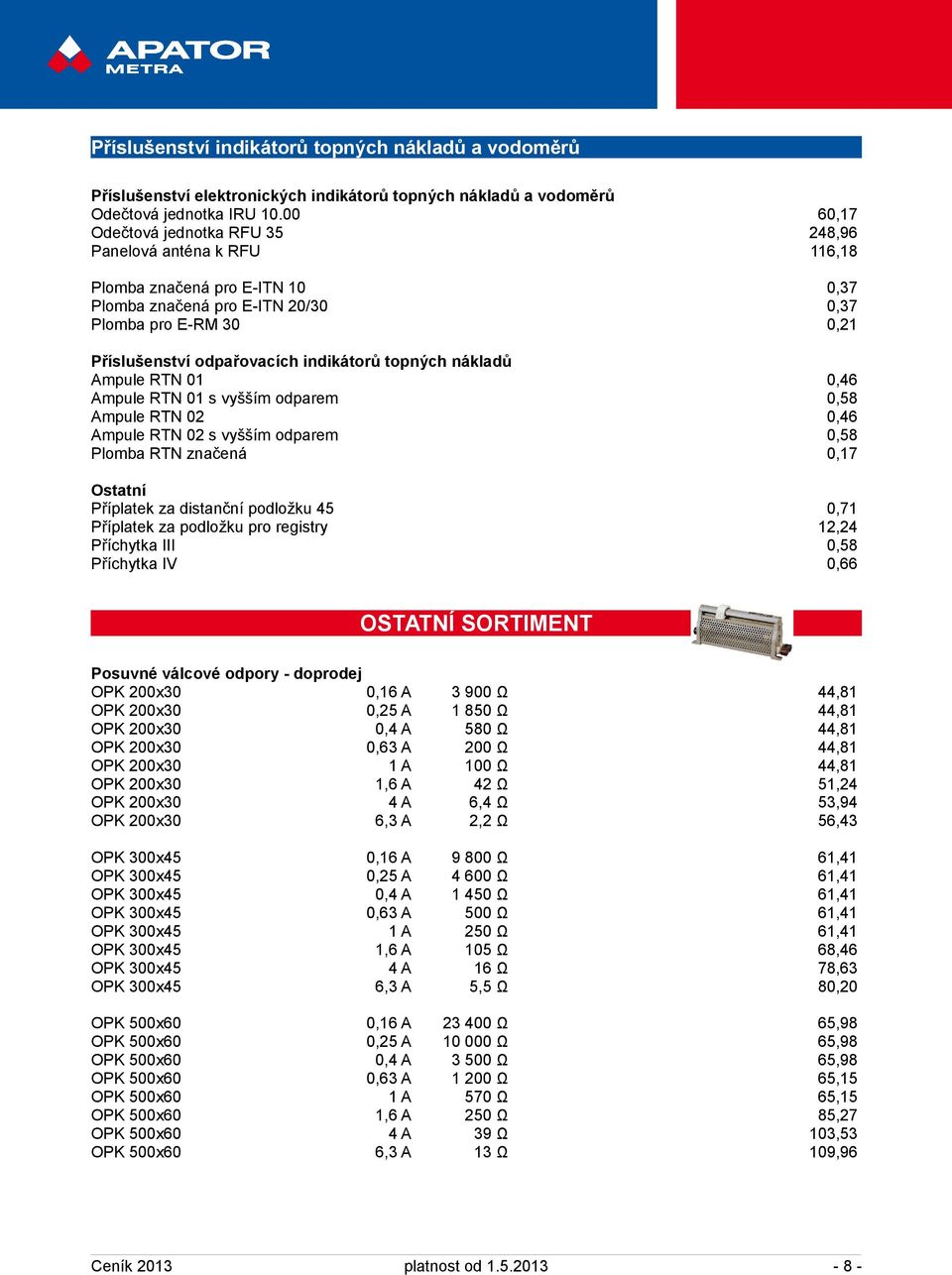 indikátorů topných nákladů Ampule RTN 01 0,46 Ampule RTN 01 s vyšším odparem 0,58 Ampule RTN 02 0,46 Ampule RTN 02 s vyšším odparem 0,58 Plomba RTN značená 0,17 Ostatní Příplatek za distanční