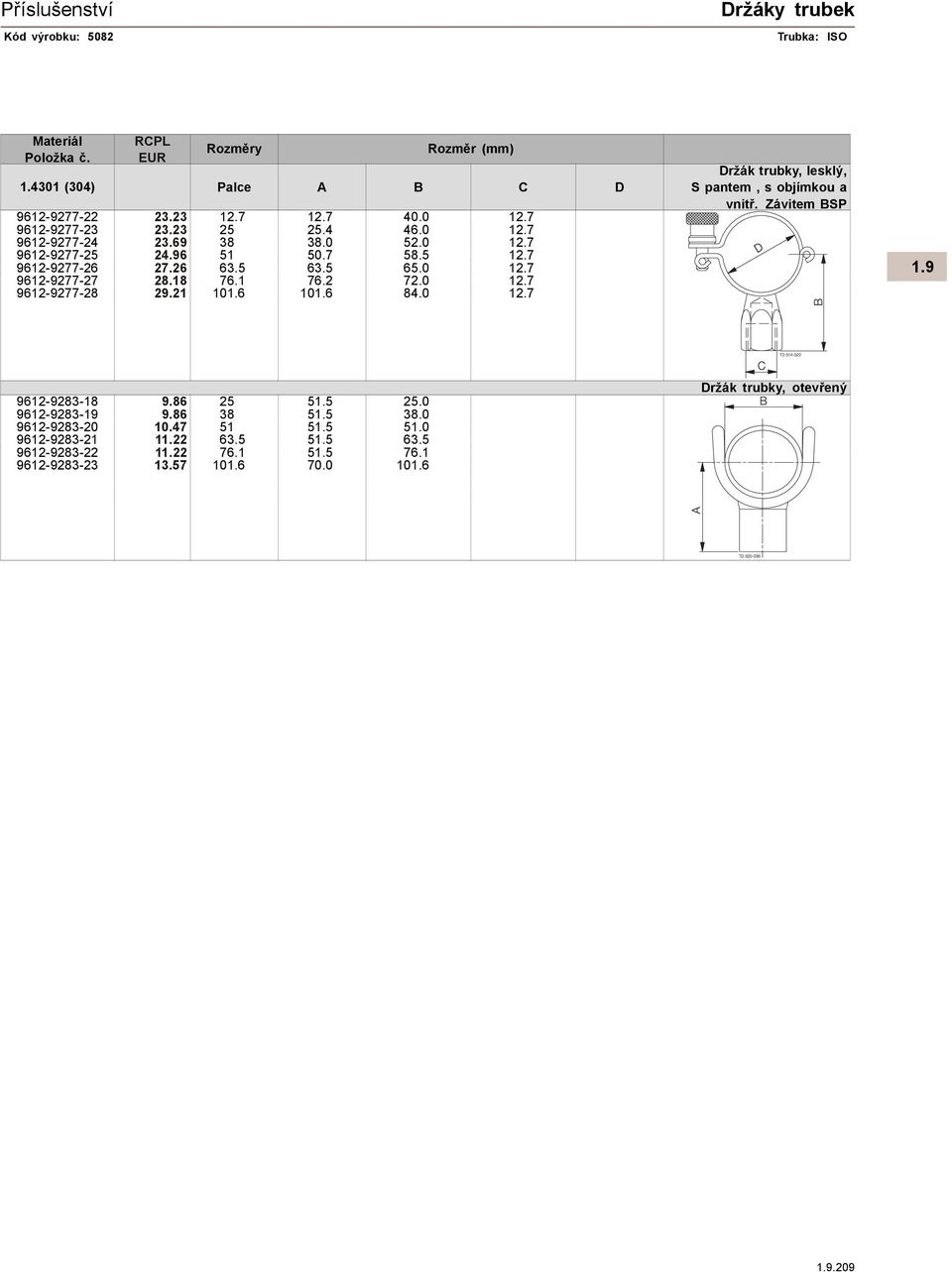 6 101.6 84.0 12.7 Držák trubky, lesklý, S pantem, s objímkou a vnitř. Závitem BSP 9612-9283-18 9.86 25 51.5 25.0 9612-9283-19 9.86 38 51.5 38.0 9612-9283-20 10.