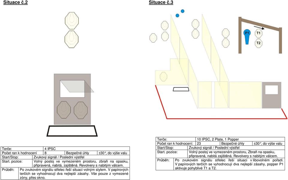 10 IPSC, 2 Plate, 1 Popper Počet ran k hodnocení: 23 Bezpečné úhly ±30, do výše valu Start.