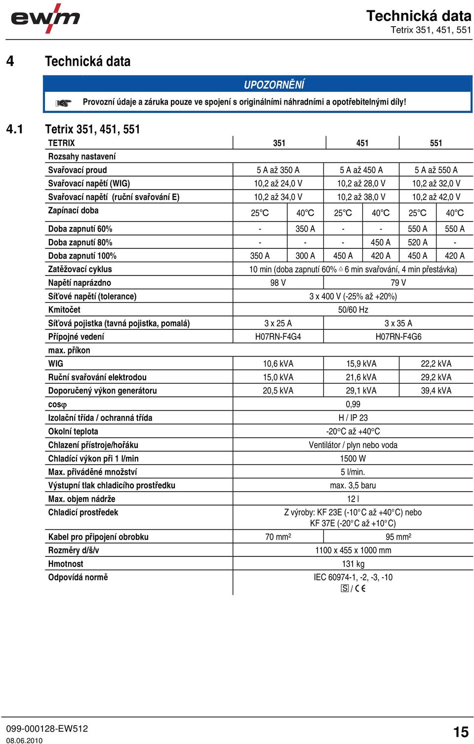 Technická data UPOZORNĚNÍ Provozní údaje a záruka pouze ve spojení s originálními náhradními a opotřebitelnými díly! 4.