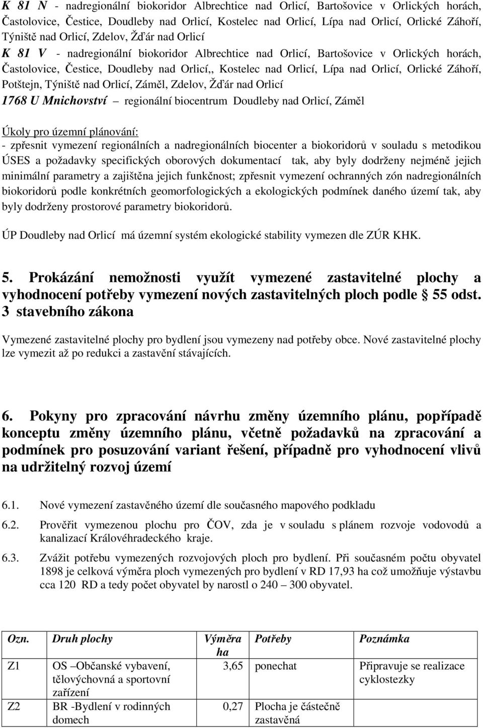 Orlicí, Orlické Záhoří, Potštejn, Týniště nad Orlicí, Záměl, Zdelov, Žďár nad Orlicí 1768 U Mnichovství regionální biocentrum Doudleby nad Orlicí, Záměl Úkoly pro územní plánování: - zpřesnit