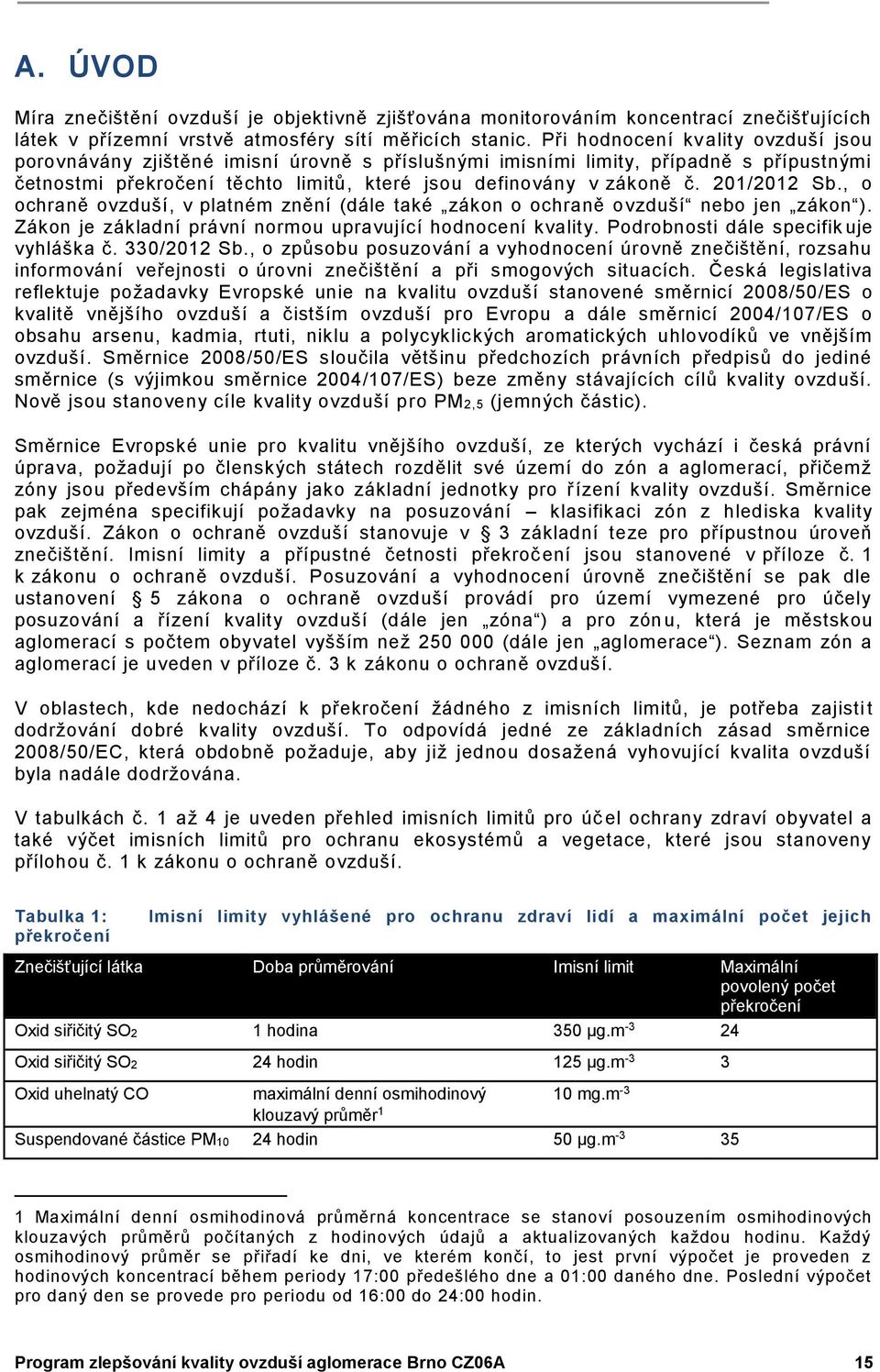 201/2012 Sb., o ochraně ovzduší, v platném znění (dále také zákon o ochraně ovzduší nebo jen zákon ). Zákon je základní právní normou upravující hodnocení kvality.