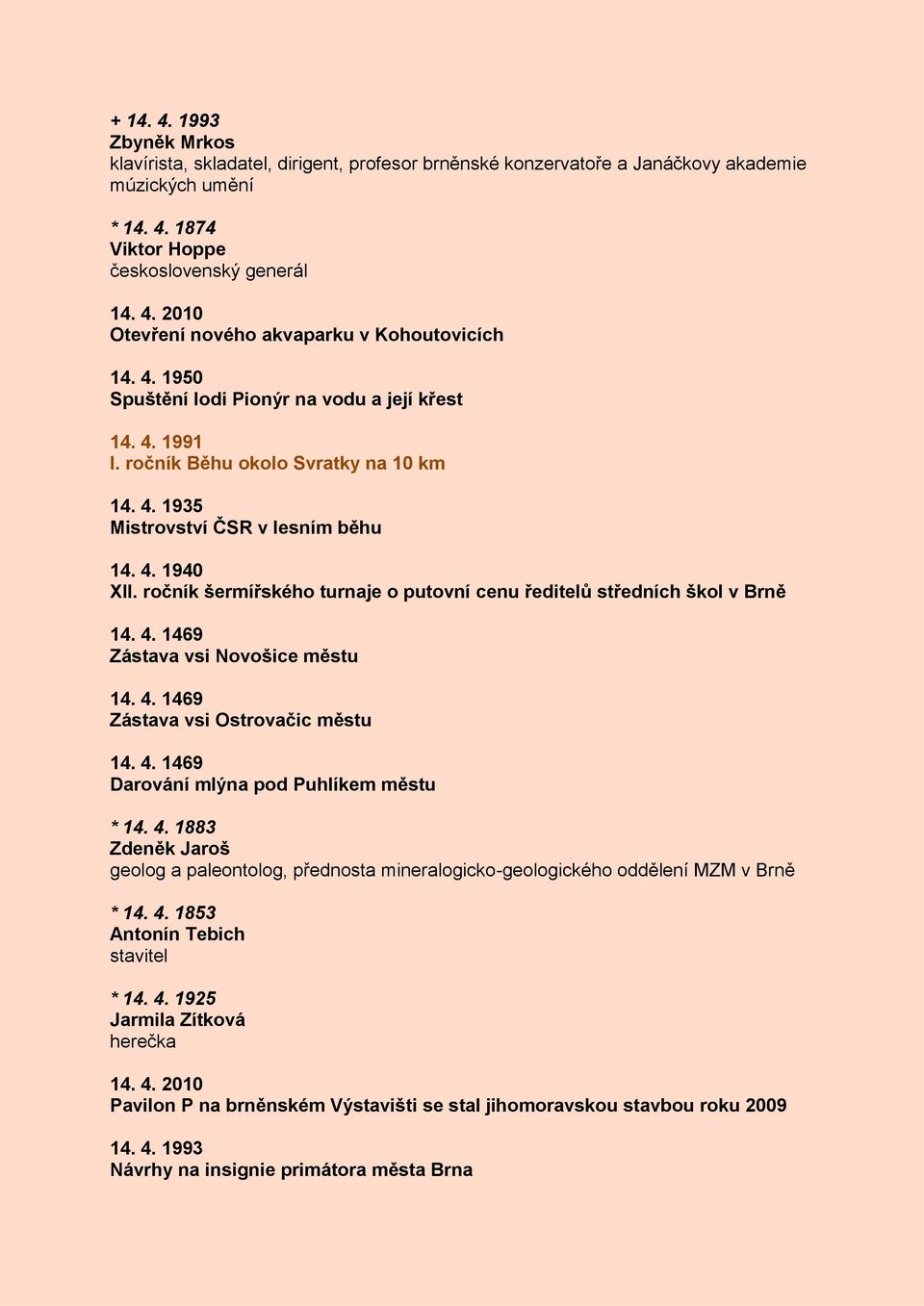 ročník šermířského turnaje o putovní cenu ředitelů středních škol v Brně 14. 4. 1469 Zástava vsi Novošice městu 14. 4. 1469 Zástava vsi Ostrovačic městu 14. 4. 1469 Darování mlýna pod Puhlíkem městu * 14.