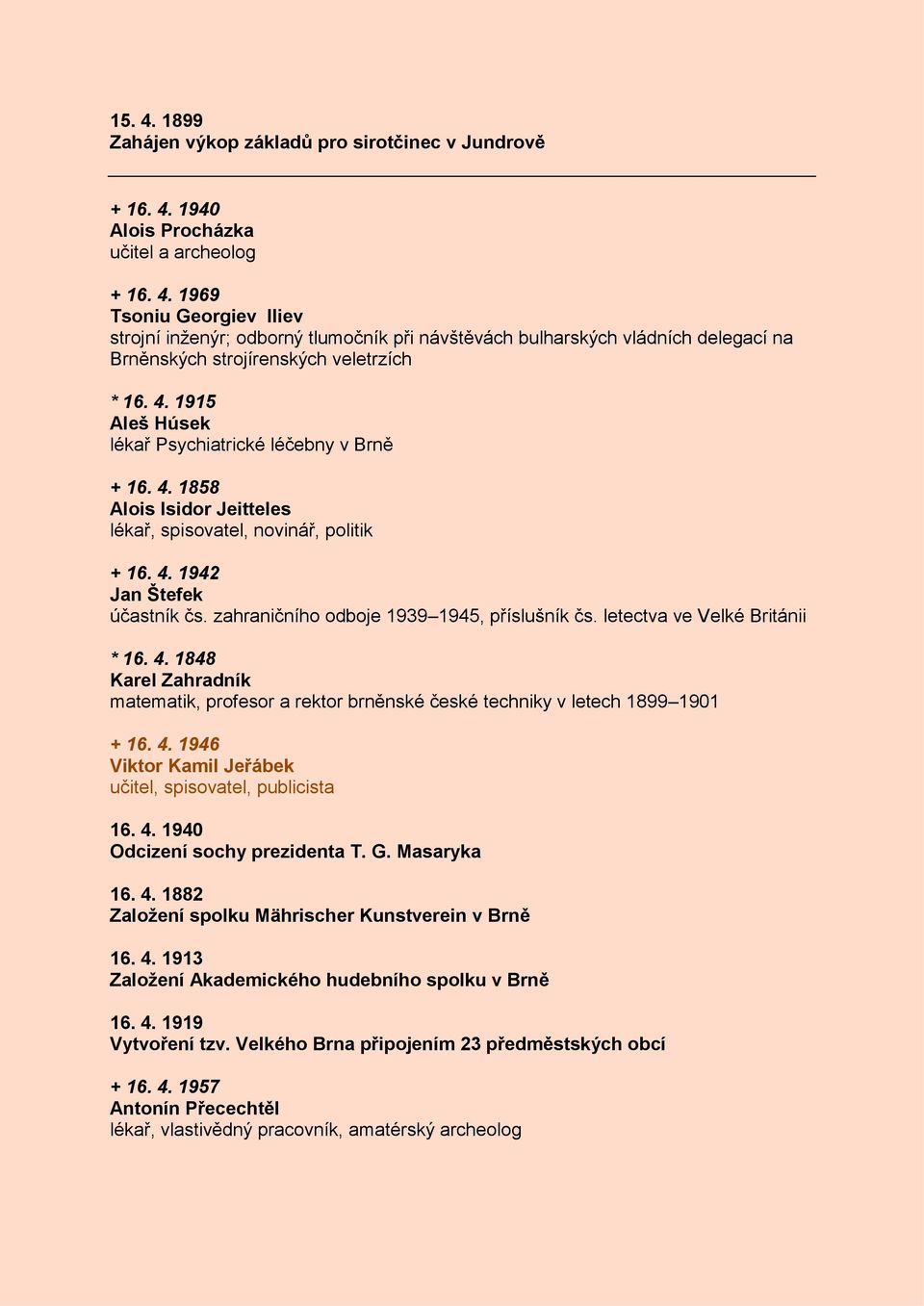 zahraničního odboje 1939 1945, příslušník čs. letectva ve Velké Británii * 16. 4. 1848 Karel Zahradník matematik, profesor a rektor brněnské české techniky v letech 1899 1901 + 16. 4. 1946 Viktor Kamil Jeřábek učitel, spisovatel, publicista 16.