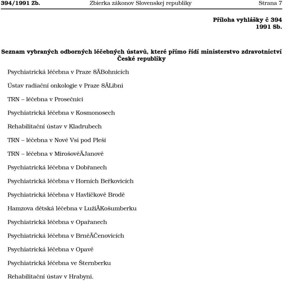 léčebna v Prosečnici Psychiatrická léčebna v Kosmonosech Rehabilitační ústav v Kladrubech TRN léčebna v Nové Vsi pod Pleší TRN léčebna v MirošověÄJanově Psychiatrická léčebna v Dobřanech