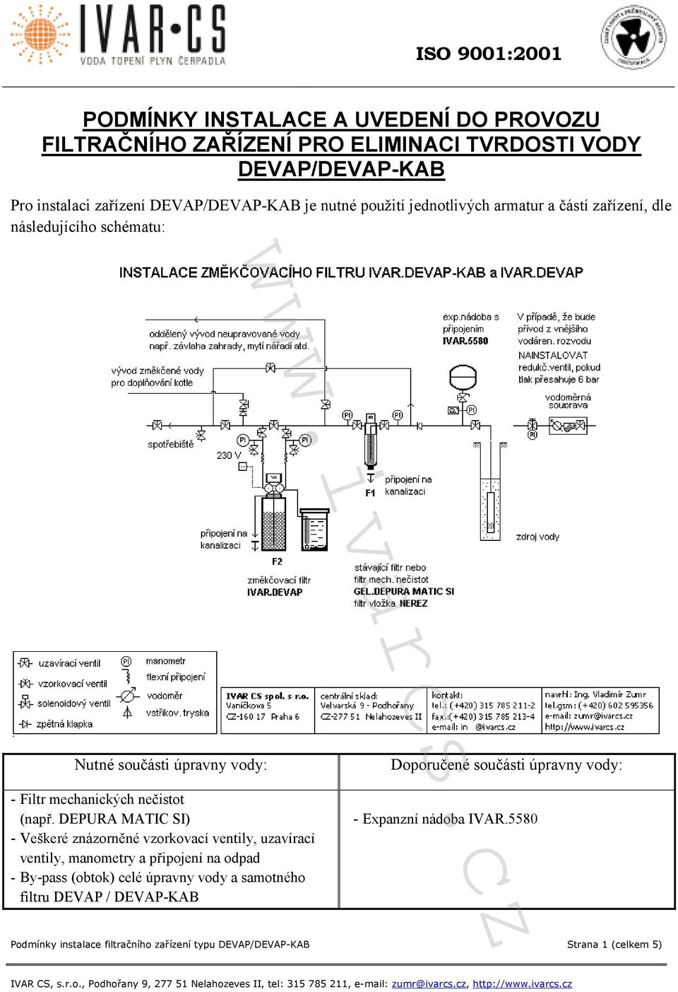 DEPURA MATIC SI) - Veškeré znázorněné vzorkovací ventily, uzavírací ventily, manometry a připojení na odpad - By-pass (obtok) celé úpravny vody a samotného filtru DEVAP /