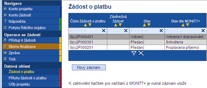 FINALIZACE ŽÁDOSTI O PLATBU Před samotnou finalizací proveďte kontrolu ŽoP prostřednictvím Operace Kontrola v levém menu.