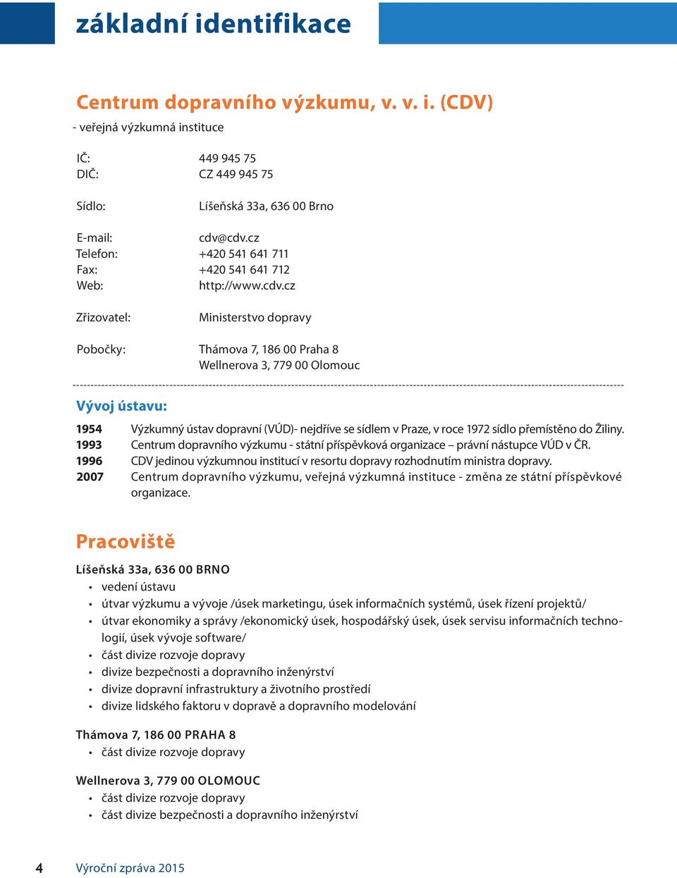 cz Zřizovatel: Ministerstvo dopravy Pobočky: Thámova 7, 186 00 Praha 8 Wellnerova 3, 779 00 Olomouc