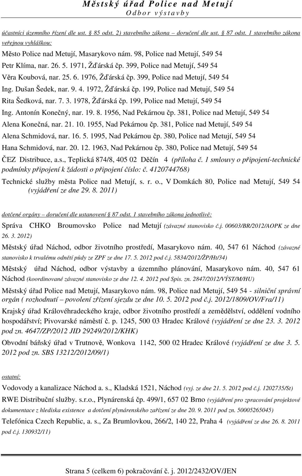 9. 4. 1972, Žďárská čp. 199, Police nad Metují, 549 54 Rita Šedková, nar. 7. 3. 1978, Žďárská čp. 199, Police nad Metují, 549 54 Ing. Antonín Konečný, nar. 19. 8. 1956, Nad Pekárnou čp.