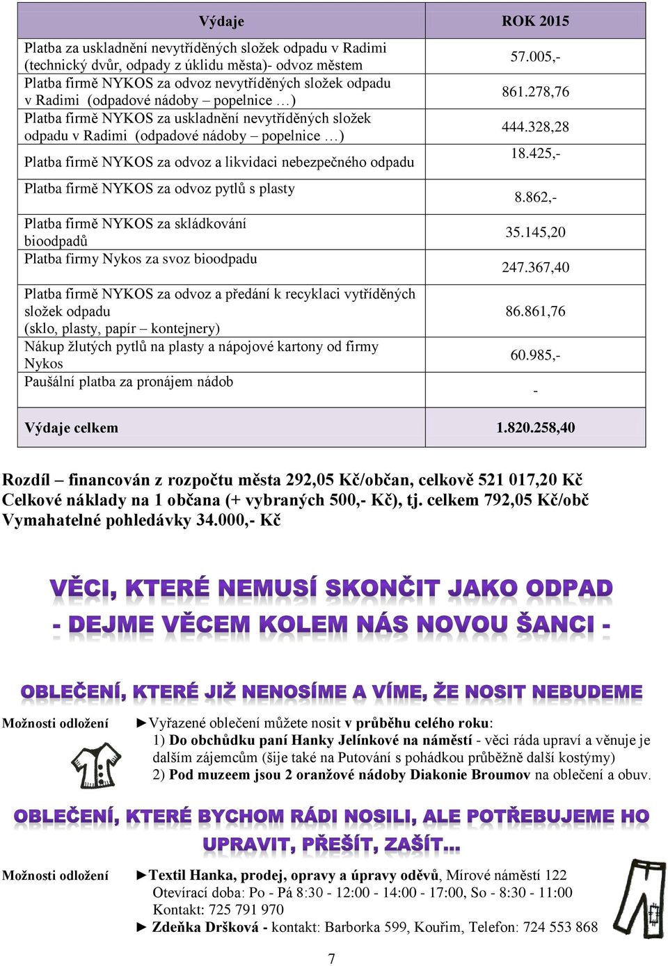 firmě NYKOS za odvoz pytlů s plasty Platba firmě NYKOS za skládkování bioodpadů Platba firmy Nykos za svoz bioodpadu Platba firmě NYKOS za odvoz a předání k recyklaci vytříděných sloţek odpadu (sklo,