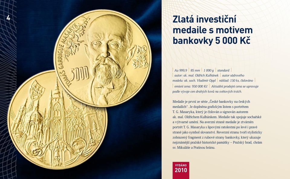 Medaile je první ze série České bankovky na českých medailích. Je doplněna grafickým listem s portrétem T. G. Masaryka, který je číslován a signován autorem ak. mal. Oldřichem Kulhánkem.