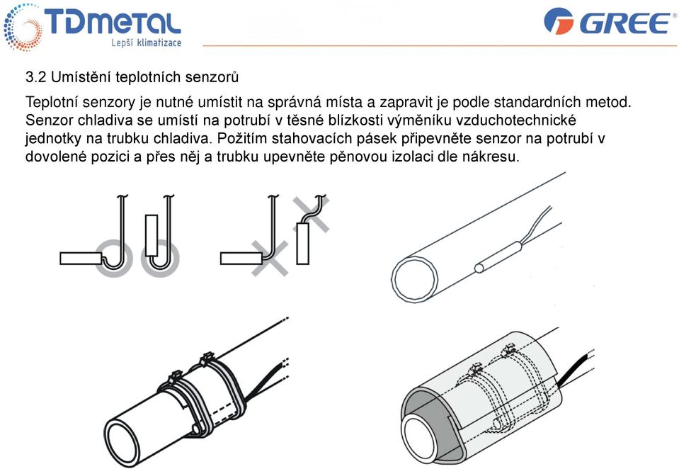 Senzor chladiva se umístí na potrubí v těsné blízkosti výměníku vzduchotechnické jednotky
