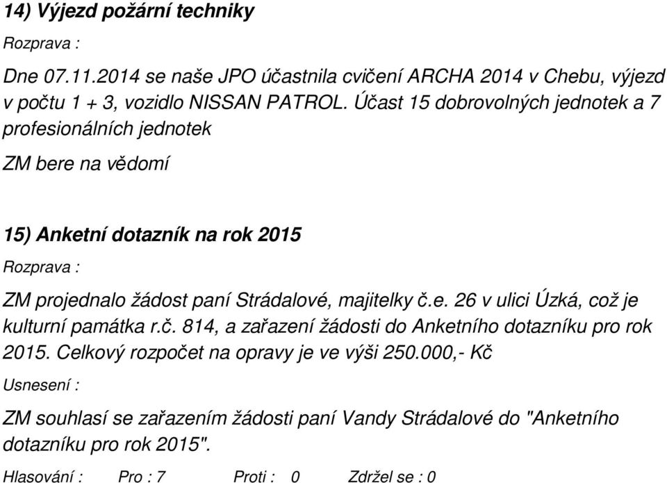 Strádalové, majitelky č.e. 26 v ulici Úzká, což je kulturní památka r.č. 814, a zařazení žádosti do Anketního dotazníku pro rok 2015.