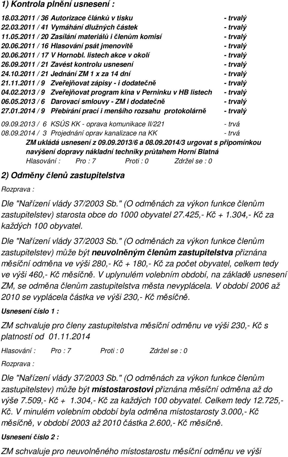 2011 / 21 Jednání ZM 1 x za 14 dní - trvalý 21.11.2011 / 9 Zveřejňovat zápisy - i dodatečně - trvalý 04.02.2013 / 9 Zveřejňovat program kina v Perninku v HB listech - trvalý 06.05.